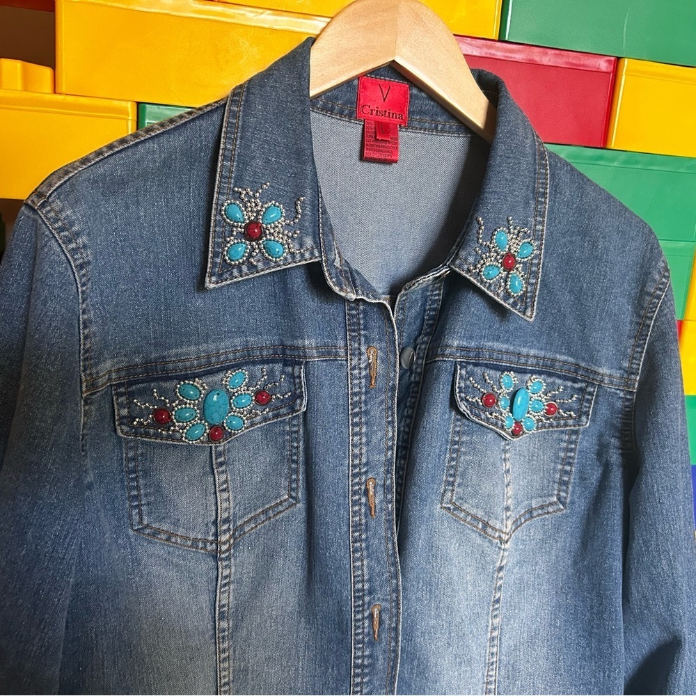 V Christina denim turquoise and ruby butterfly jacket size large - Picture 7 of 11